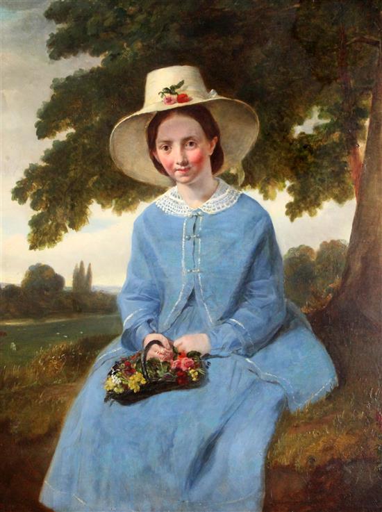 19th century American School Portrait of a young woman seated in a landscape, 22 x 17.5in.
